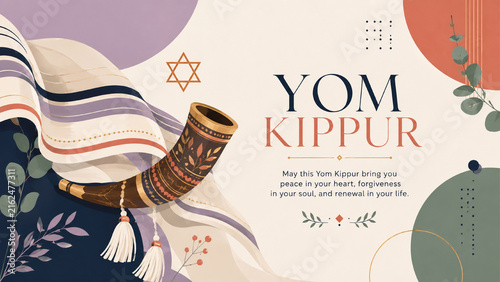 Yom Kippur Greeting Banner Featuring a Traditional Shofar, Jewish Prayer Shawl, Botanical Branches and Subtle Holiday Decorations