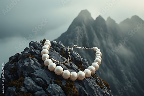 IA generated pearl necklace draped over jagged mountain peak. Luxury nature juxtaposition surreal background with misty atmosphere.
