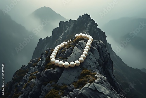 IA generated pearl necklace draped over jagged mountain peak. Luxury nature juxtaposition surreal background with misty atmosphere.
