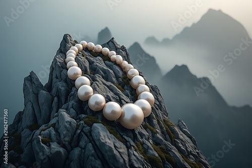 IA generated pearl necklace draped over jagged mountain peak. Luxury nature juxtaposition surreal background with misty atmosphere.
