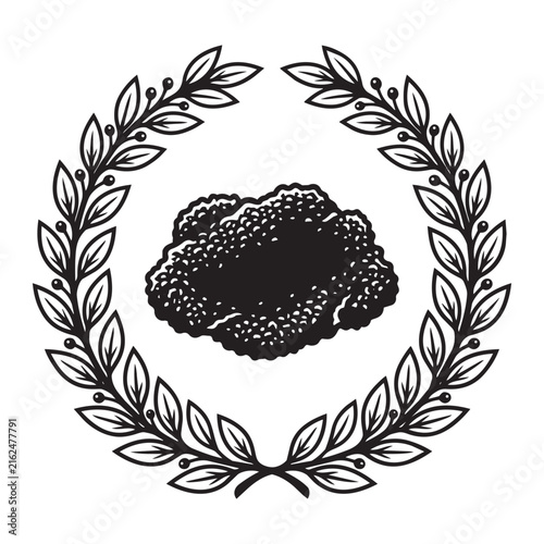 Black caviar mound framed by a vintage laurel wreath vector illustration