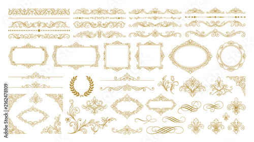 Gold vintage flourish frames and ornate dividers for premium brand.
