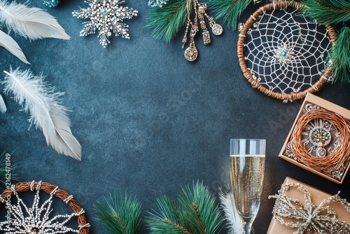 Design a postcard with a dreamcatcher inspired contour for a christmas and xmas holiday event banner