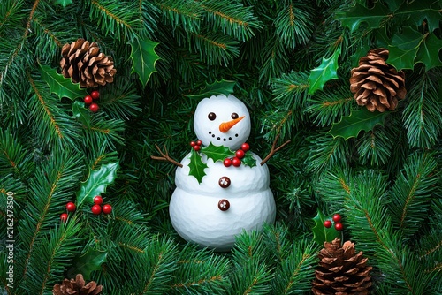 A snowman standing in a dense pine forest decorated with branches for a christmas and xmas holiday event