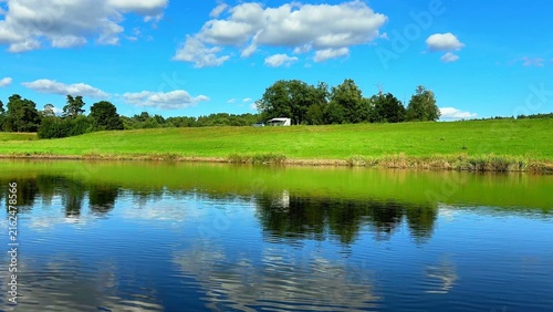 Calm lake reflecting lush green fields and blue sky with fluffy white clouds in summer