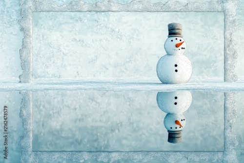 A snowman on a frozen lake its reflection perfectly mirrored for a christmas and xmas holiday event card