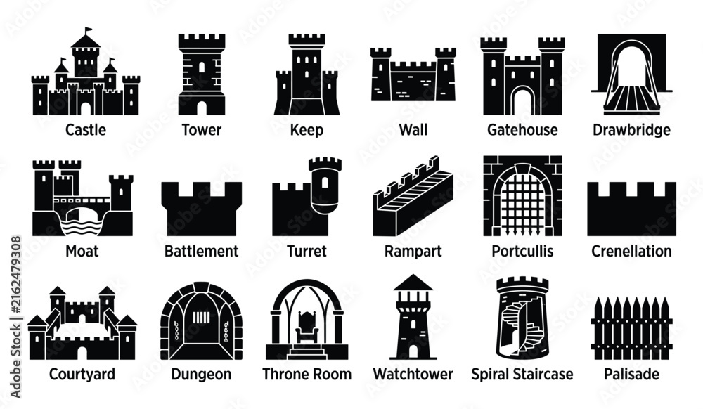 Naklejka premium Set of castle elements icons. Medieval fortress architecture, ancient defense structure parts, royal building components. Solid glyph pictograms for web and app interface.