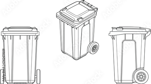Trash bin line art set showing wheelie bin from front perspective and side views isometric vector illustration