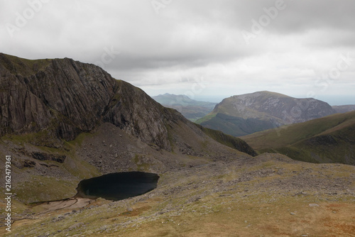 Scenic view along the Llanberis path on Snowdonia showing Llyn padarn lake.