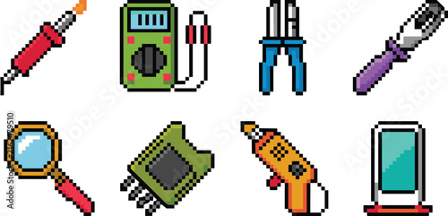Retro pixel art electronics and repair tools icon set featuring tech and hardware symbols