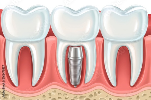 Dental implant inside medical human jaw model with healthy white teeth view
