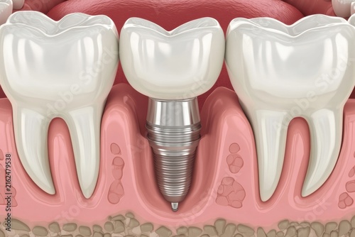 Dental implant inside medical human jaw model with healthy white teeth view