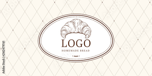 Bakery label with croissant logo and seamless diamond pattern background