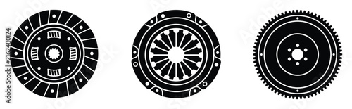 Automotive clutch components icons set. Clutch disc, pressure plate, flywheel symbols. Car transmission parts pictogram. Solid glyph auto repair signs.