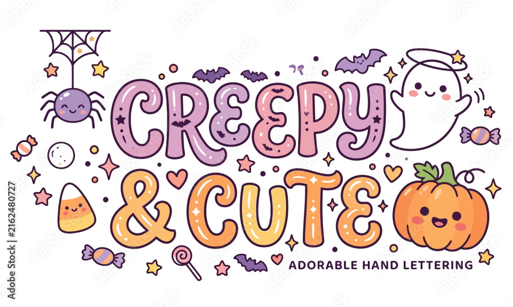 Fototapeta premium A Whimsical Halloween Illustration Featuring Cute Kawaii Characters And Festive Hand Lettering