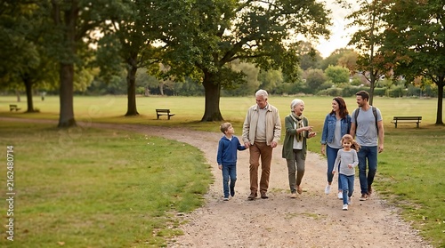Multigenerational Family Walking Together in Park at Sunset