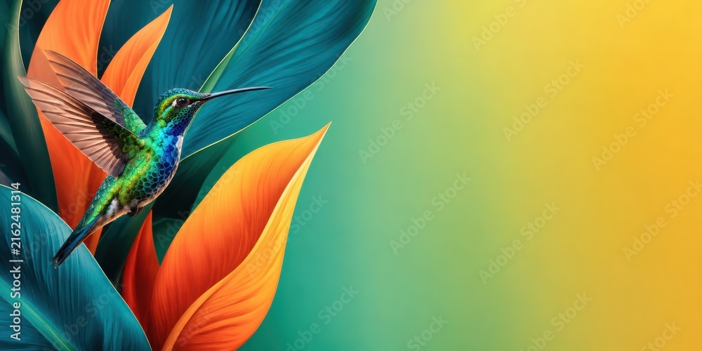 Naklejka premium Iridescent Hummingbird With Sculptural Tropical Leaves Eco Banner