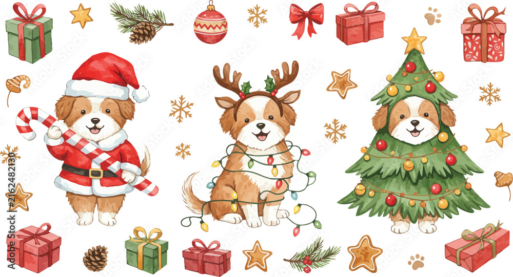 Fototapeta premium Watercolor illustration set featuring three cute puppies dressed in festive christmas costumes surrounded by various holiday gifts and decorations on white background