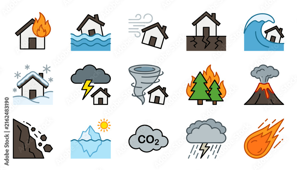 Fototapeta premium Natural Disaster and Global Warming Icon Set Featuring Climate Change Extreme Weather House Damage Wildfire and Environmental Catastrophe