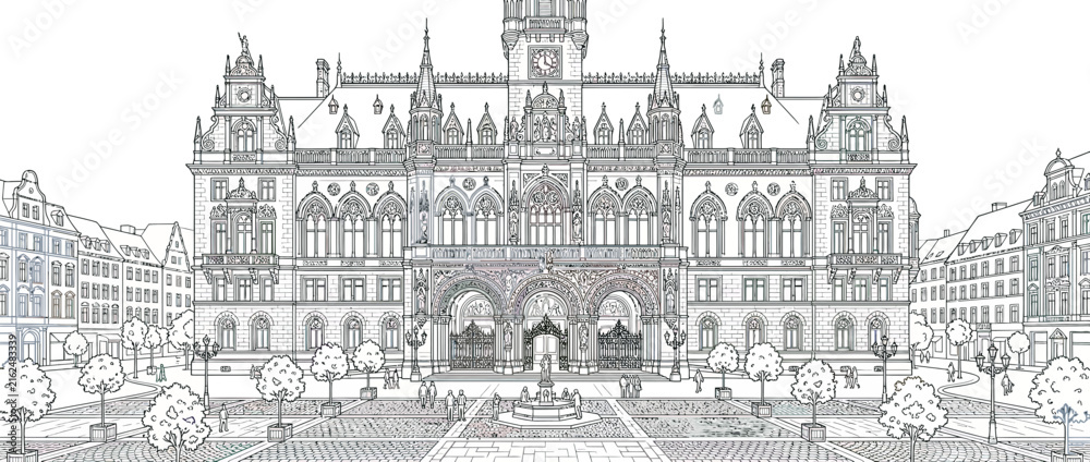 Obraz premium Ornate historical building facade with clock tower and plaza