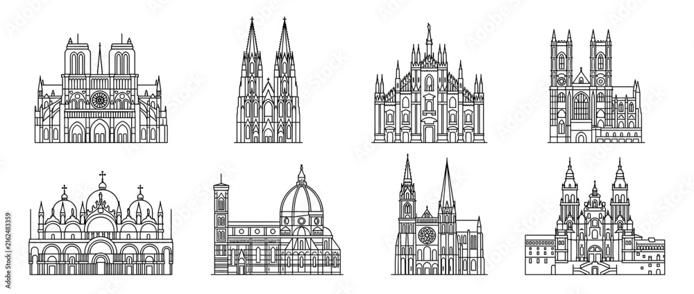 Obraz premium Set of European Gothic and Renaissance Cathedral Line Art Icons