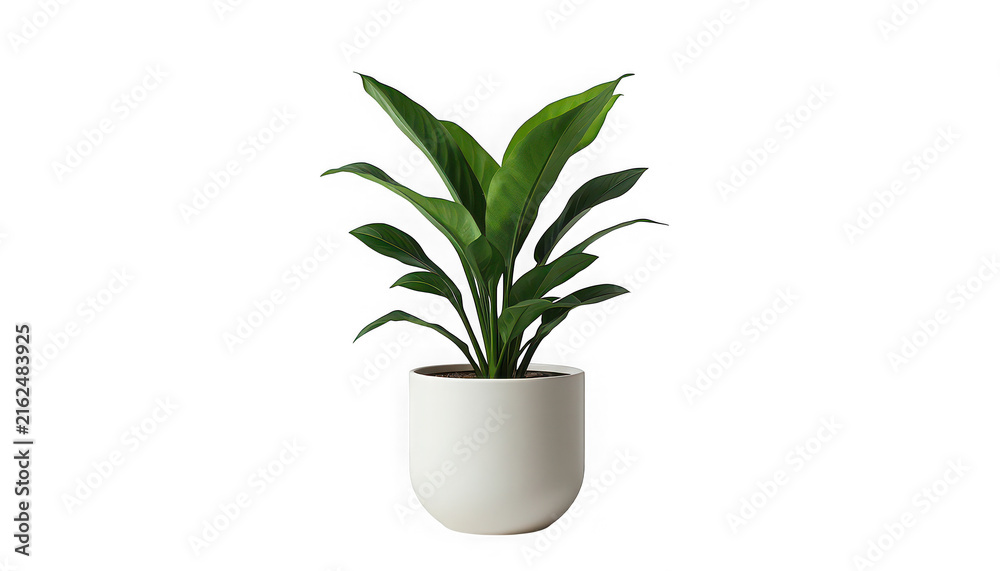 Fototapeta premium Potted plant with lush green leaves stands isolated on a clean white background.