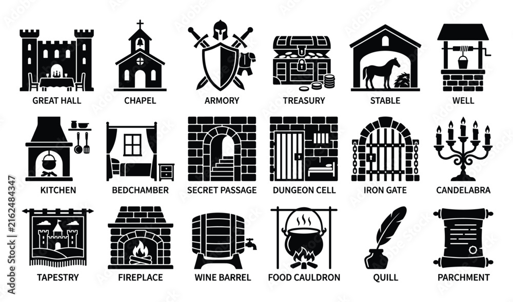 Fototapeta premium Medieval castle icon set. Fantasy building rooms, dungeon elements, historical objects, game assets. Architectural interiors, UI symbols.