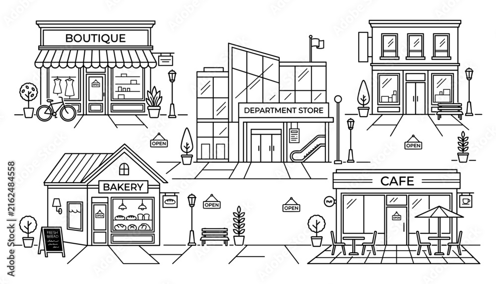 Fototapeta premium Department Store Illustration with Various Storefronts and Signage