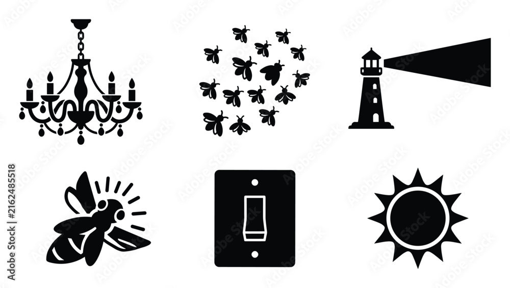 Fototapeta premium Set of light icons. Chandelier, lighthouse, sun, firefly, insects, light switch symbols. Illumination, electricity, nature, guidance themes.