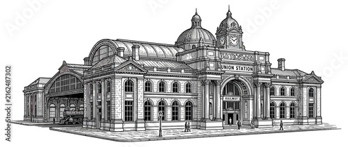 Vintage Train Station Building Facade Illustration