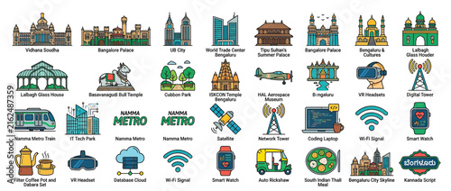 Collection of City Landmarks and Technology Icons