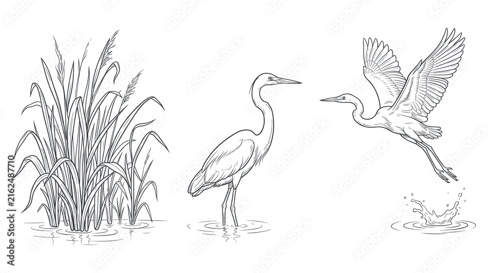 Naklejka premium Minimalist heron sketches featuring marsh grass and water splash.