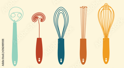 Foto Colorful kitchen whisk set with different hand whisk and frother types vector il