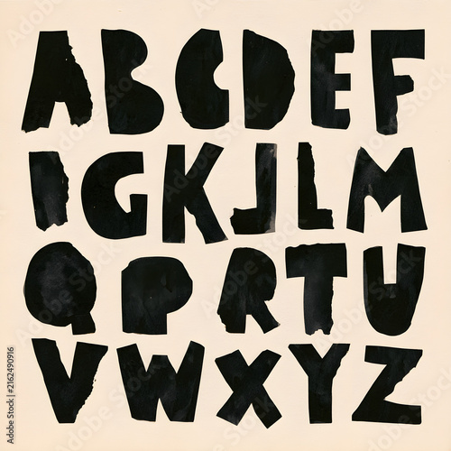 Hand Cut Black Paper Alphabet A–Z on Cream Background, Bold Collage Typography and Handmade Lettering Set