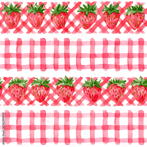 Watercolor Strawberry and Red Gingham Stripe Pattern with Hand Painted Fruit Borders and Decorative Horizontal Bands