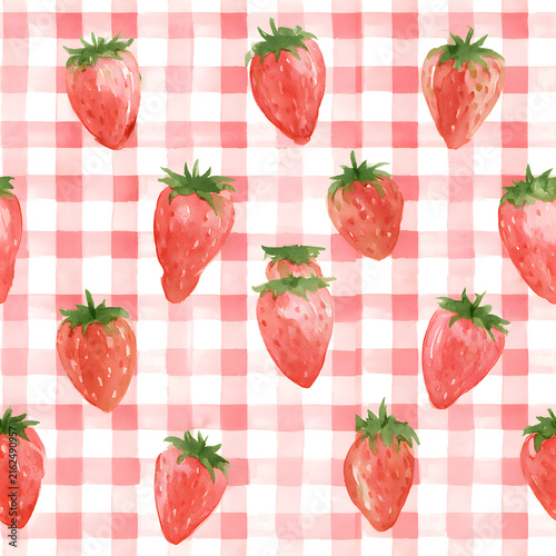 Watercolor Strawberries on Red and White Gingham Seamless Pattern, Hand Painted Summer Fruit Background