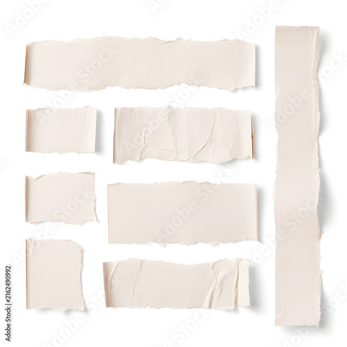 Torn Cream Handmade Paper Strips Set with Deckled Edges and Soft Shadows Isolated on White Background