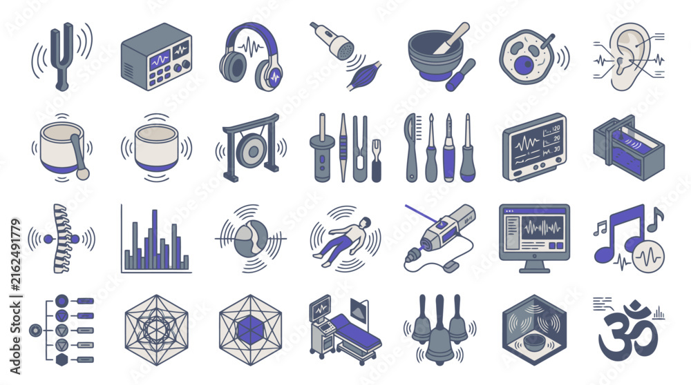 Fototapeta premium Vector Sound healing therapy isometric vector icons set with tuning forks singing bowls and musical elements. EPS Editable