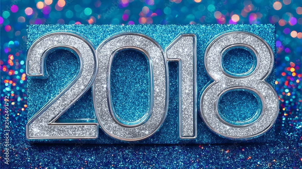 Naklejka premium Sparkling Silver 2018 Numbers on Bright Blue Glittered Backdrop for New Year Winter Celebration.