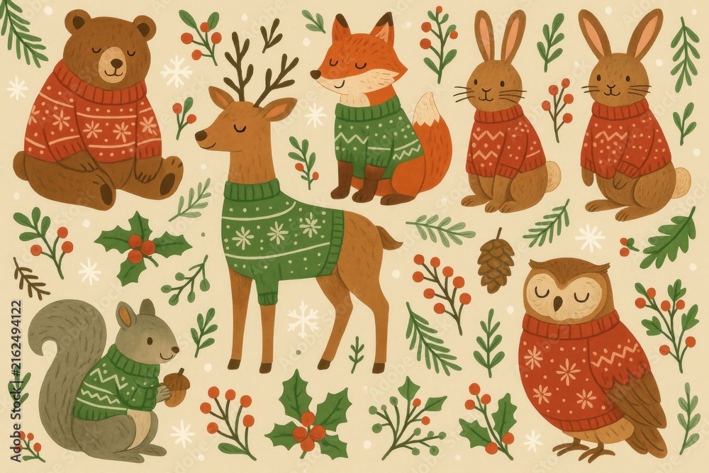 Naklejka premium Cute woodland animals in sweaters background