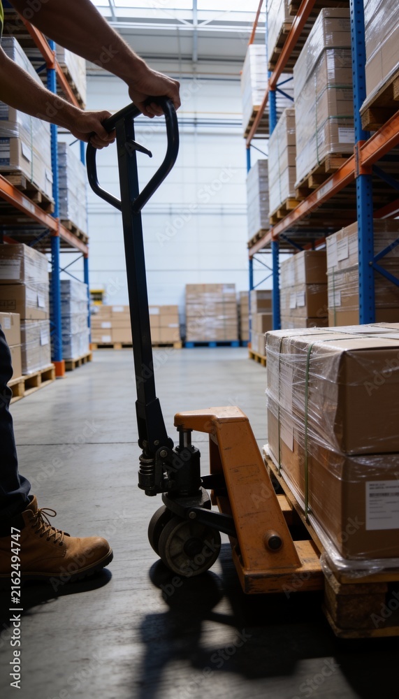 Fototapeta premium Logistics Operator Moving Pallet Truck in Large Storage Depot