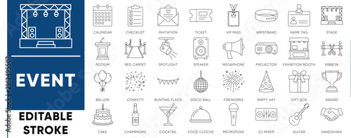 Event management and party outline icon set. Includes ticket, VIP pass, stage, celebration, and music vectors. Editable stroke for festival and conference UI.