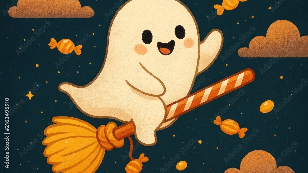 Fototapeta premium Cute ghost flying broomstick wallpaper for desktop