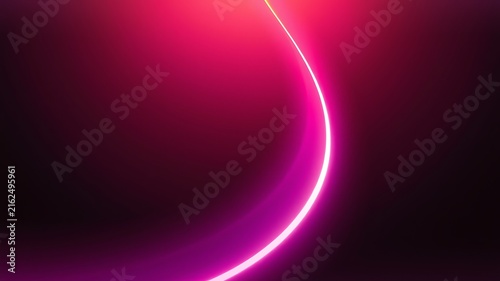 A smooth abstract background, featuring a single, glowing pink neon, curved line sweeping, across a dark, gradient surface with, soft light flares