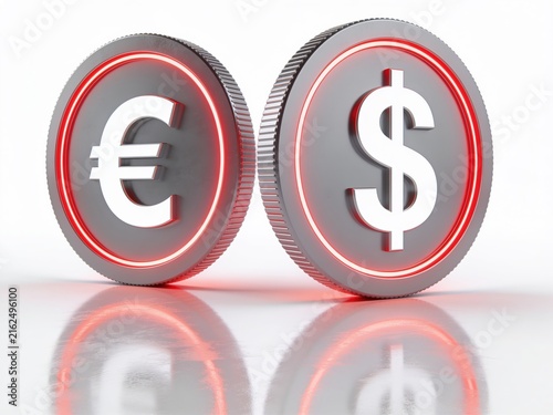 Dollar And Euro Coins With Neon Red Rings Symbolizing Currency Exchange, Finance And Global Economy

