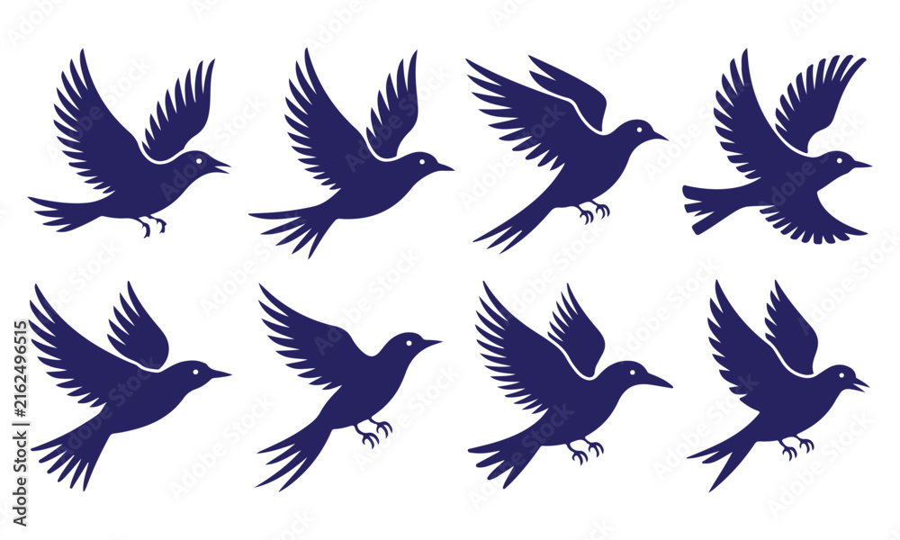 Fototapeta premium Birds in Flight Set, Stylized Silhouette Icons. Minimalist Design Elements for Branding and Decorative Use. with Avian