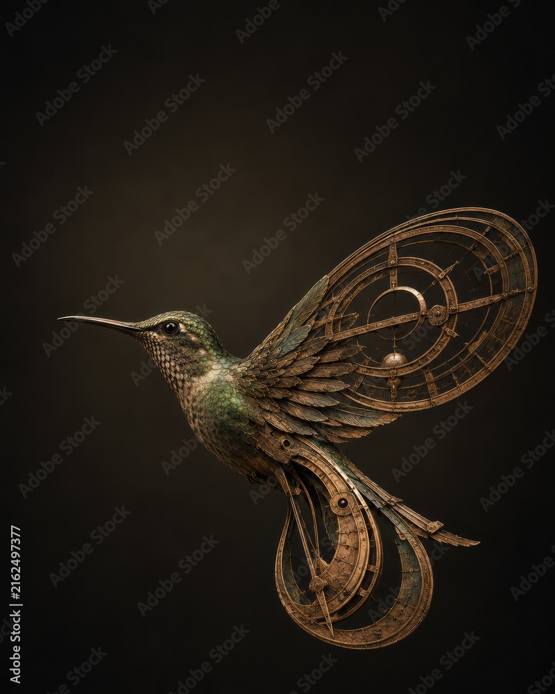 Naklejka premium Hummingbird Morphing Into Oxidized Copper Astronomical Astrolabe