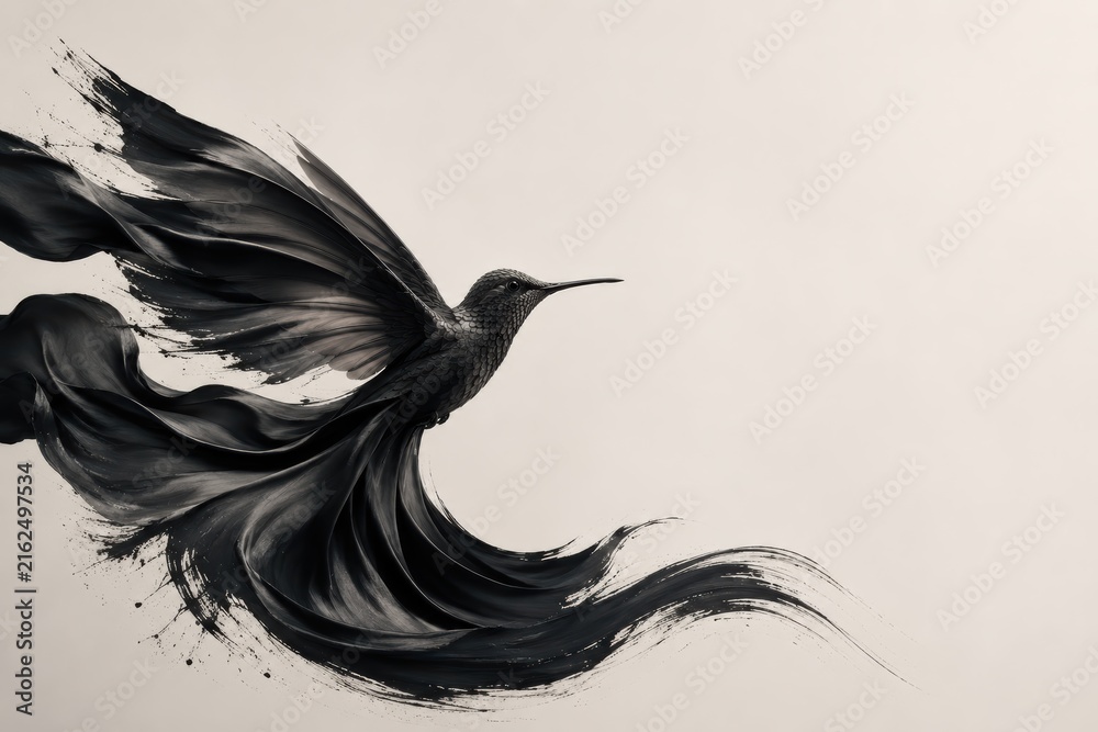 Naklejka premium Hummingbird Merging With Black Silk Calligraphic Brushstroke