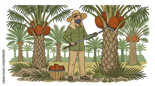 Farmer harvesting palm oil fruit in a tropical plantation illustration. EPS Editable. Vector Illustrations.