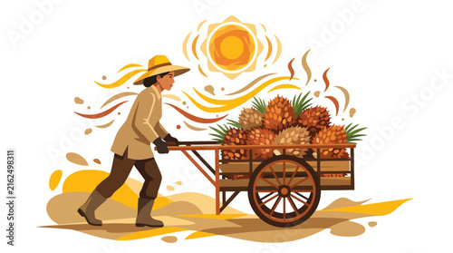 Farmer pushing a wooden cart full of fresh pineapples in the sun. EPS Editable. Vector Illustrations.